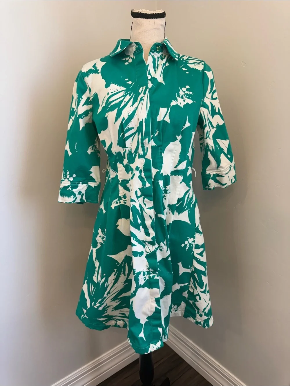 Anne Klein 4P Green White Floral Shirt Dress Petite Button Front Stretch Cotton - Picture 9 of 13